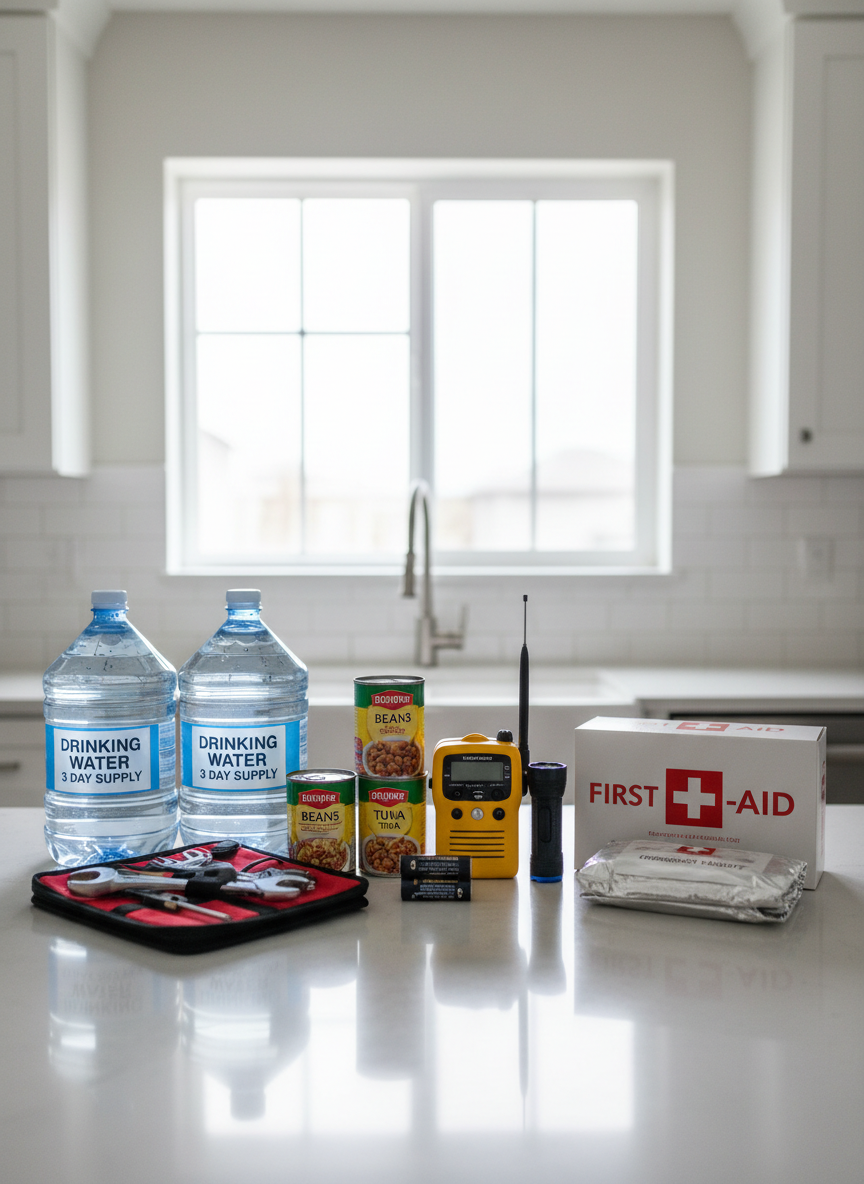 A neatly organized earthquake emergency kit laid out on a clean, light gray kitchen countertop in a Tigard home, photographed with realistic detail. The kit includes labeled water jugs, canned food, a battery-powered radio, flashlights, extra batteries, a neatly folded mylar blanket, a small tool set, and a clearly visible first-aid kit with a red cross symbol. Soft overcast daylight filters through a nearby window, creating even, natural lighting with gentle shadows and clear legibility of each item. Shot from a slightly elevated eye-level angle with sharp focus throughout, the composition follows the rule of thirds and feels calm, professional, and reassuring, emphasizing preparedness rather than fear, in a clean, modern photographic style.