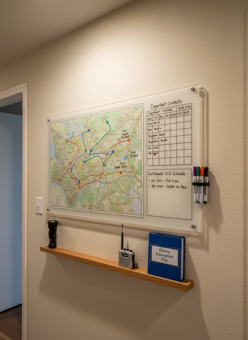 A highly detailed wall-mounted emergency planning board in a Tigard household hallway, photographed with realistic clarity. The whiteboard features a printed map of Tigard with colored markers indicating meeting points and routes, neatly written contact numbers, and a small section labeled “Earthquake Drill Schedule.” Below the board, a slim shelf holds a flashlight, a portable radio, and a compact binder labeled “Family Emergency Plan.” Soft, indirect indoor lighting from a ceiling fixture and nearby room creates a warm, even glow with gentle shadows along the wall. Captured at eye level with balanced composition and sharp focus, the scene feels organized and methodical, conveying a professional yet approachable mood that emphasizes planning and coordination over panic.