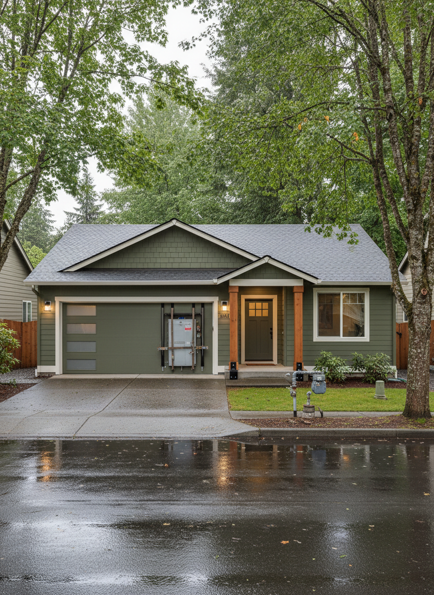 A sturdy, modern single-story Tigard-style suburban house with fiber-cement siding and a low-pitched roof, shown from the front at eye level, emphasizing realistic structural details. The house sits on a quiet residential street lined with mature trees and wet pavement that hints at a recent Oregon rain. The image focuses on visible earthquake safety upgrades: securely strapped water heater visible through a garage opening, anchored gas meter, and reinforced porch columns. Soft, diffused overcast daylight typical of the Pacific Northwest creates a calm, even illumination with subtle reflections on damp surfaces. The mood is practical and reassuring, with photographic realism and clear, balanced composition that highlights the home as resilient and well-prepared.