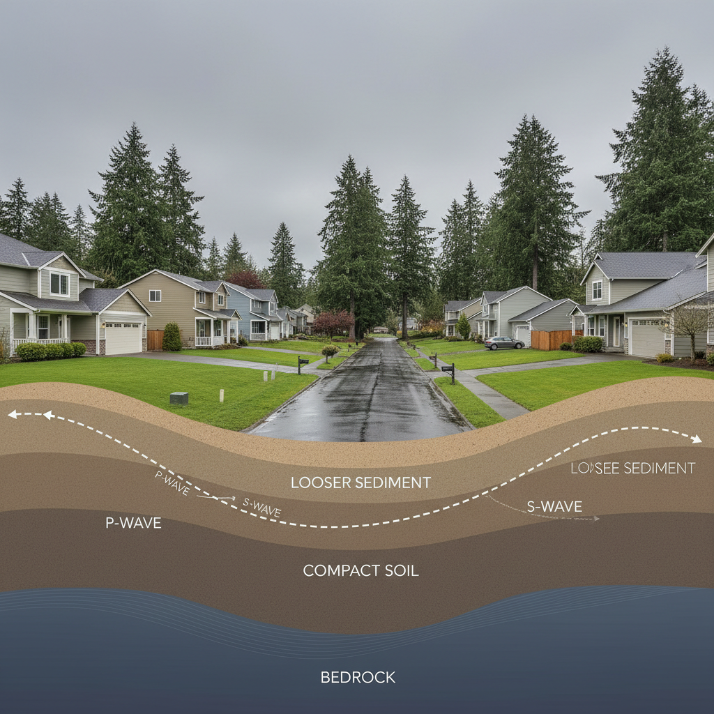 An educational cutaway-style photographic illustration of a Tigard neighborhood street showing typical one- and two-story homes on gently sloping terrain, combined with a transparent overlay of the ground layers beneath. The surface shows familiar Northwest elements: wet asphalt, green lawns, and towering evergreens in the background. Below, semi-transparent layers depict bedrock, compact soil, and looser sediment, with subtle, labeled lines suggesting how seismic waves travel. Soft, overcast daylight provides even lighting with no harsh shadows, maintaining a calm, analytical atmosphere. Shot from a slightly elevated, wide-angle perspective for comprehensive context, the image uses clean, modern photographic realism enhanced with technical clarity, ideal for explaining local soil and shaking differences without feeling intimidating.