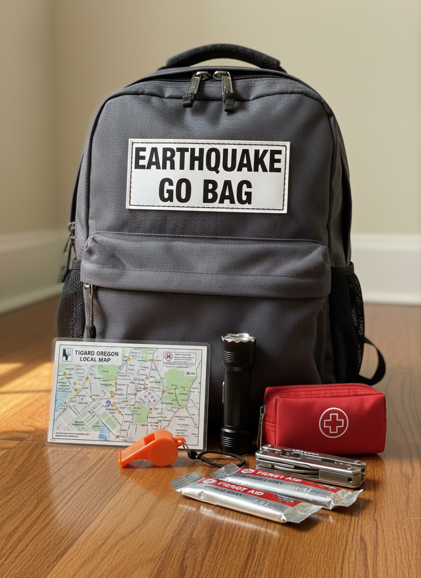 A detailed close-up of a labeled earthquake “Go Bag” backpack made of durable dark gray ripstop fabric, resting on a hardwood floor beside a solid interior wall of a Tigard home. Around the bag, neatly arranged essentials include a laminated local map of Tigard, a compact flashlight, whistle, multi-tool, small first-aid pouch, and vacuum-sealed snack bars. Diffused afternoon light from an unseen window gently illuminates the scene, creating soft highlights on zippers and fabric texture while keeping shadows minimal. Shot from a low, three-quarter angle with shallow depth of field, the foreground gear is in crisp focus while the background fades softly. The mood is organized, calm, and proactive, with a clean, professional photographic style suitable for an instructional blog.